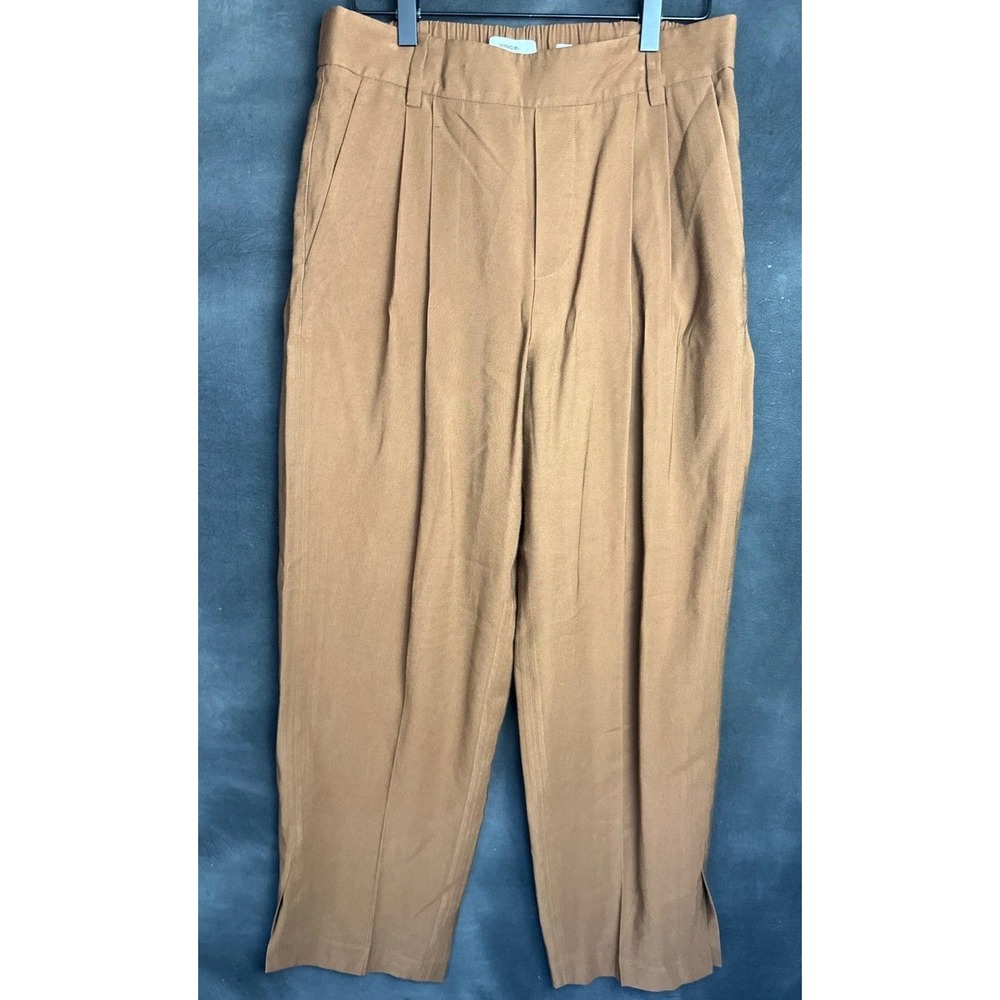 Vince Pleated Tapered Trousers M Brown Tan High Rise Elastic Waist Slit Ankle - Picture 4 of 6